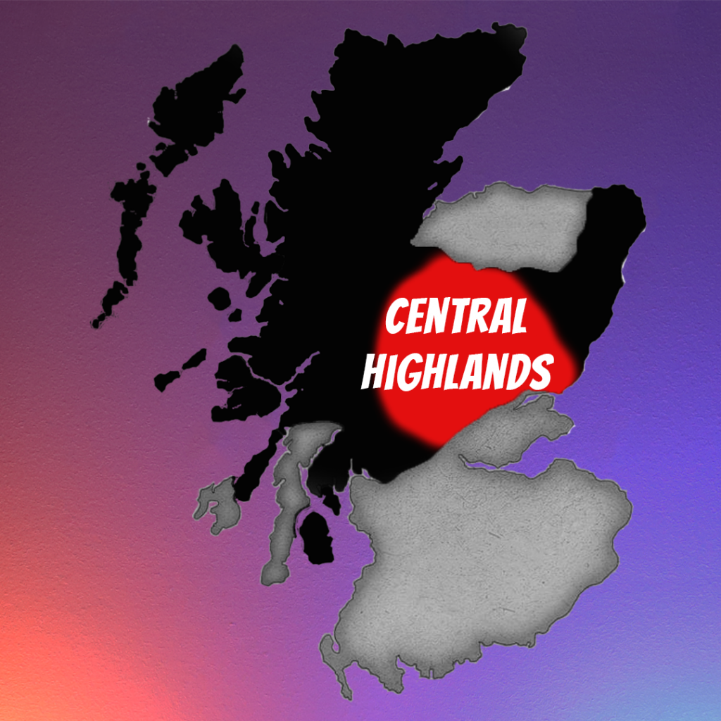 Map of Scotland showing the Highland Whisky Region, with the Central or Southern Highlands highlighted.