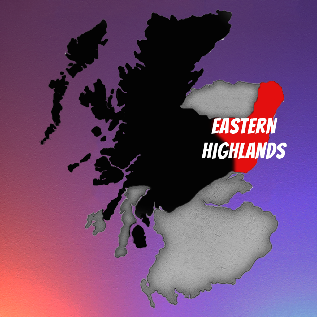 Map of Scotland showing the Highland Whisky Region, highlighting the Eastern Highland sub region. 