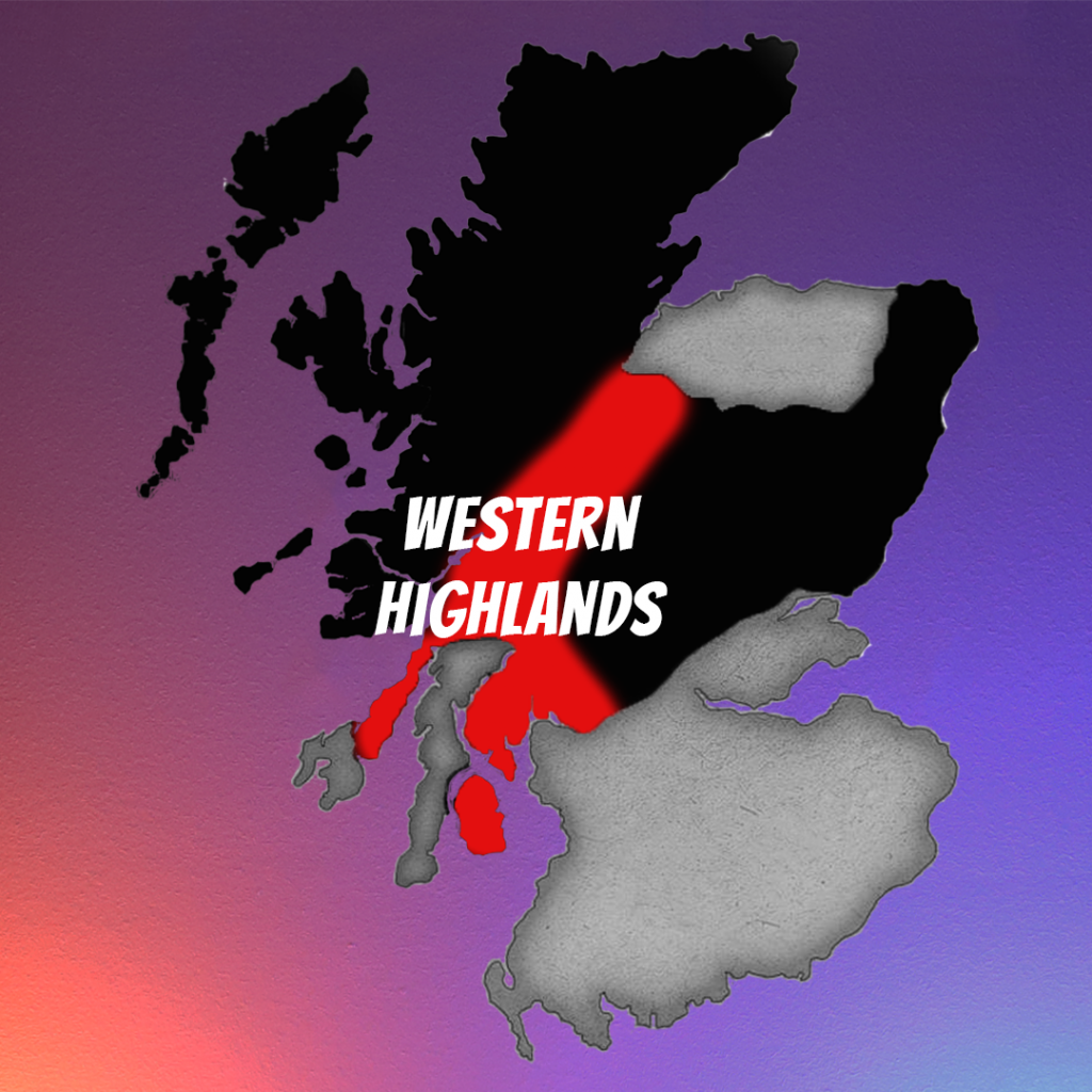 Map of Scotland showing the Highland Whisky Region, highlighting the Western Highland sub region. 