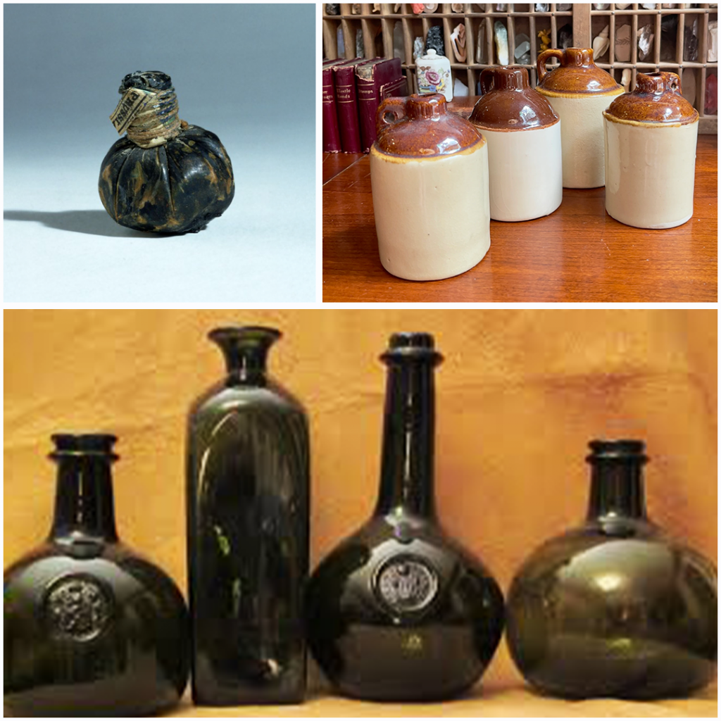 Pigs bladder, ceramic jugs and old blown glass bottles that once held whisky